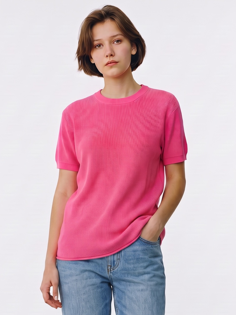 Zara Bright Pink Ribbed Short Sleeve Crew Neck Sweater